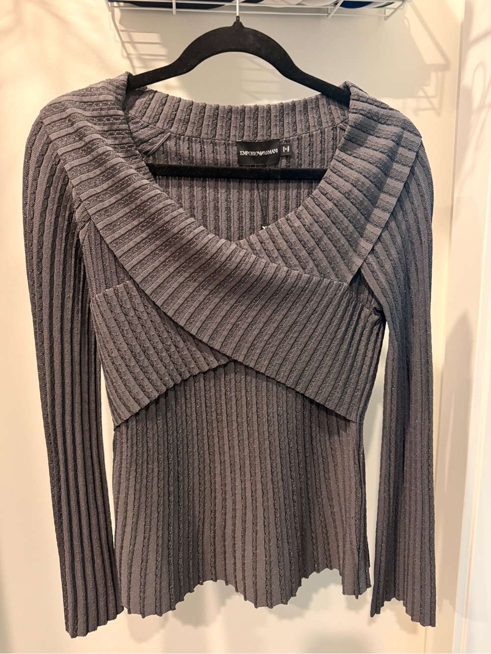Emporio Armani Charcoal Ribbed Crossover Cowl Turtleneck Sweater